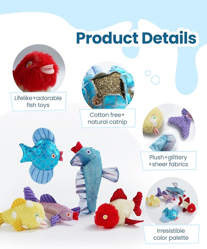 Nocciola Catnip Toys, 5 Pack Cat Toys for Indoor Cats with 100% Natural Catnip, Cotton-Free Kitten Toys in Assorted Colors, Soft Surface, Teething, Chewing & Kicker Floppy Fish Cat Toys