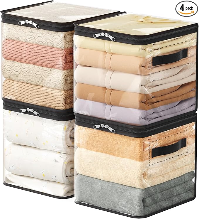Lifewit 4 Pack Clear Clothes Storage Bags, 11 Inch Clear Cube Storage Bins, 18L Vinyl Foldable Moving Bags with Zipper, Storage Container for Sweater Sheets Yarns