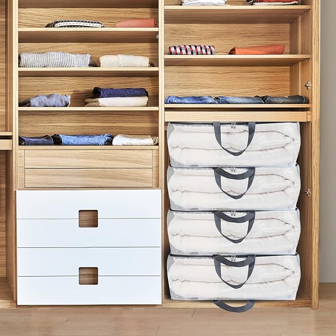 Fixwal 4 Pack 75L Extra Large XL Clear Storage Bags With Zipper for Blankets, Quilts, Clothes, Comforter, Bedding and Pillows