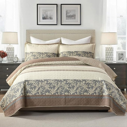 100% Cotton Quilt Set King Size - Striped Quilted Comforter, Patchwork Botanical King Quilt Bedspread, Modern Farmhouse Lightweight Bedding for King Bed, 3pcs, Brown/Beige/Gray