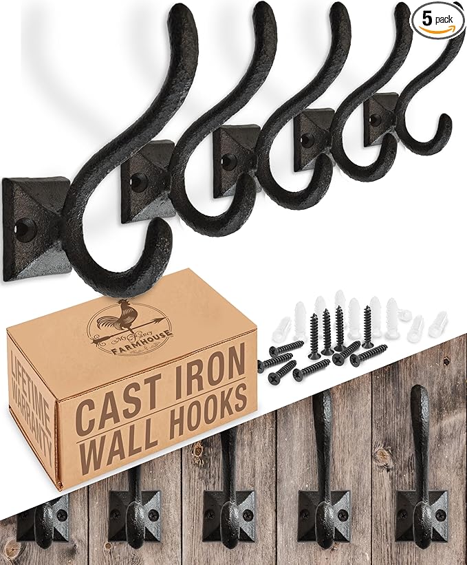 Rustic Wall Hooks for Hanging (5 Pack) Cast Iron Black Coat Hooks Wall Mounted - Farmhouse Decor Square Base Hooks for Coats, Bags, Hats, Towels (Black Hooks)