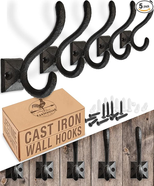 Rustic Wall Hooks for Hanging (5 Pack) Cast Iron Black Coat Hooks Wall Mounted - Farmhouse Decor Square Base Hooks for Coats, Bags, Hats, Towels (Black Hooks)