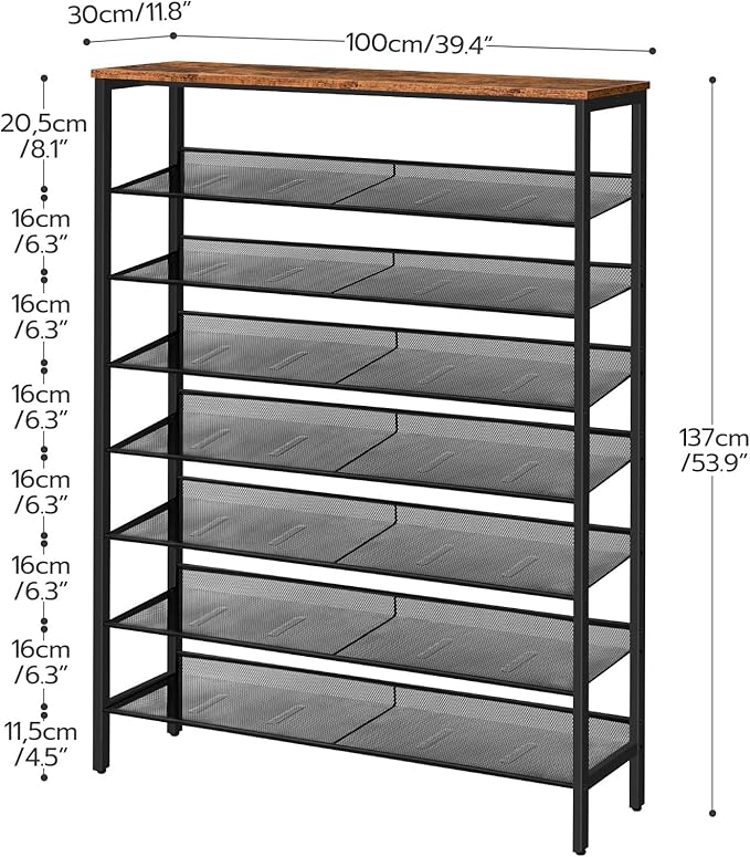 HOOBRO 8 Tier Shoe Rack, 39.4"L Shoe Shelf, Large Capacity Shoe Storage Organizer for 30+ Pairs of Shoes, Front Door Entrance, Entryway, Hallway, Closet, Space Saver, Rustic Brown and Black BF118XJ01
