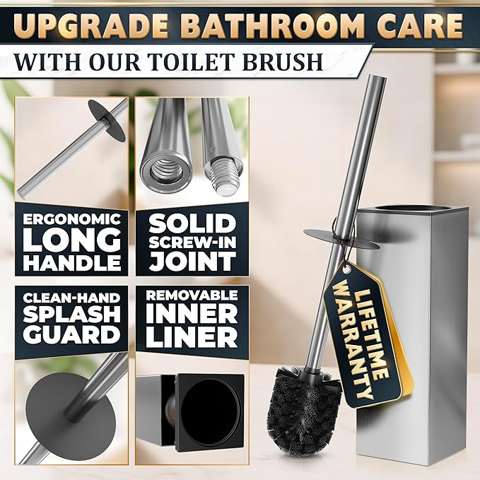 Silver Toilet Brush and Holder Set Stainless Steel – Square Design Toilet Bowl Brush and Holder, Rust, Corrosion & Scratch Resistant with Splash Protection, for Efficient Cleaning and Neat Storage