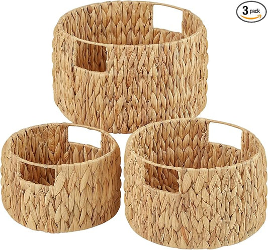 Vagusicc Wicker Storage Basket, Hand-Woven Water Hyacinth Large Round Woven Basket With Handles, Wicker Baskets for Organizing/Storage, 3-Pack