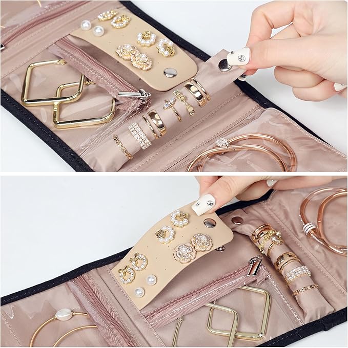 BELALIFE Travel Jewelry Case Organizer, Small Foldable Storage Roll for Earrings, Necklaces, Rings, Bracelets, Brooches, Black