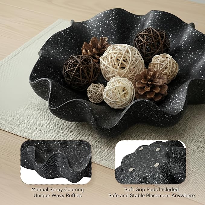 Large Decorative Bowl Home Decor - 12.6" Modern Resin Scalloped Ruffle Decorative Fruit Bowl for Kitchen Counter, Chic Key Tray for Entryway Table, Starry Black