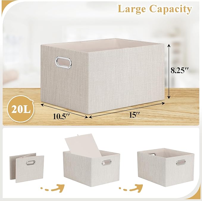 Posprica Closet Storage Bins, 4 Pack Closet Shelf Organizers, Linen Fabric Decorative Storage Baskets for Organizing, Foldable Storage Box for Clothes, Toy, 15x10.5x8.25 Inch (Beige)