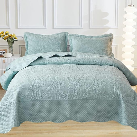 MarCielo 100% Cotton Quilt Set - 3-Piece Embroidered Farmhouse Bedspread & Shams, All-Season Breathable Bedding(Aruba Blue,King)