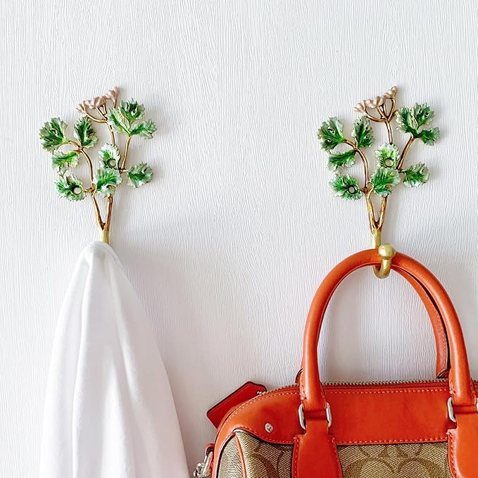 Vintage Tree Leaf-Shaped Decorative Wall Hooks Rack Hangers for Hanging Clothes Coats Towels Keys Hats, 2 Pack Antique Metal Mounted Wall Hook