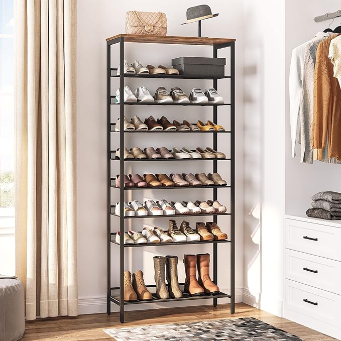 HOOBRO 10-Tier Shoe Rack, 29.5"L Shoe Shelf, Large Capacity Shoe Storage Organizer for 27+ Pairs of Shoes, Front Door Entrance, Entryway, Hallway, Closet, Space Saver, Rustic Brown and Black BF110XJ01