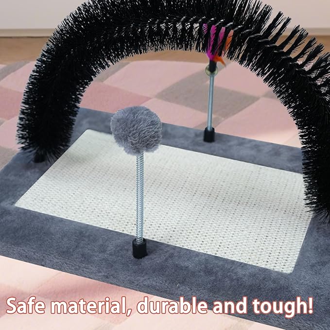 Interactive Toy with Scratching Pads for Indoor Cats,Interactive Cat Toy with Feather Toys and Self-Grooming Brush,Interactive Cat Toy for Indoor Cats,Grey (Square)