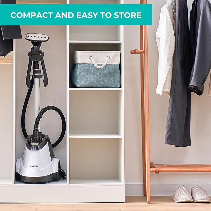 True & Tidy Heavy Duty Commercial Full Size Standing Garment Steamer for Clothes with Extra Large 2.9L (98 oz) Water Tank for 90+ mins of Steam Time, 1800 watts of Powerful Steam, 3 Settings, White