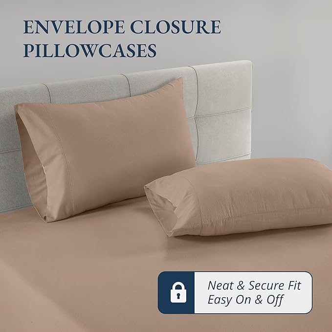 LANE LINEN 100% Organic Cotton Twin Fitted Sheet & Pillowcase Set, Percale Weave, Ultra Soft, Breathable, Fits Mattress Up To 15" Deep - Taupe (No Flat Sheet)