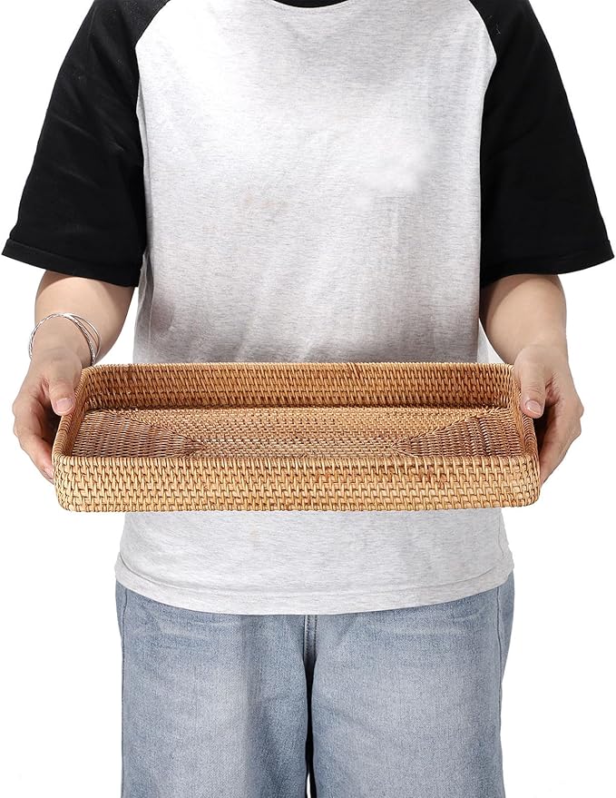 Hipiwe Rattan Serving Tray Large Wicker Storage Basket Tray for Organizing Rectangular Decorative Woven Trays Snacks Fruit Wicker Basket for Coffee Table Bathroom Home Decor,14.8"x 9.0"x1.8"