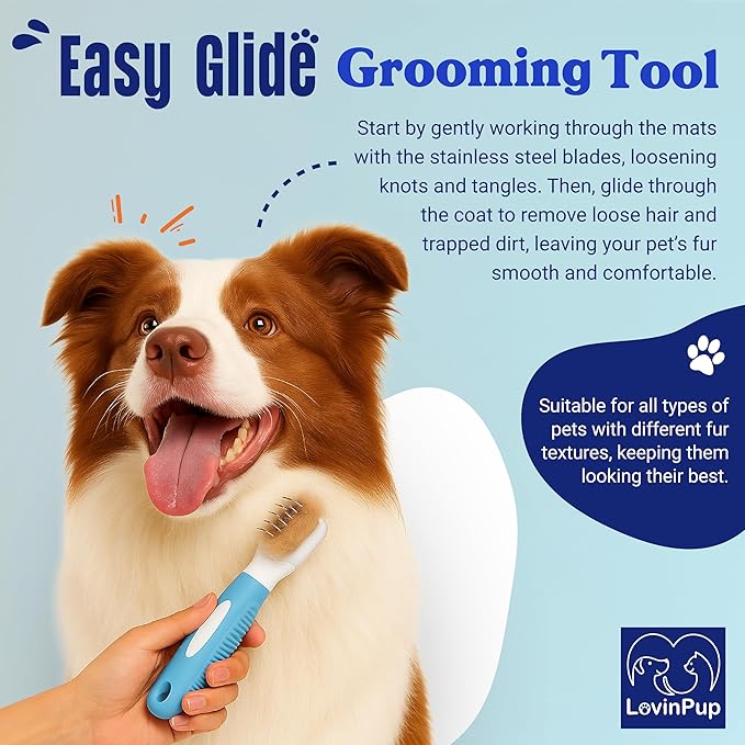 Pet Mat Remover – Professional Dematting Comb for Dogs and Cats – Stainless Steel Rounded Teeth for Gentle Knot & Tangle Removal – Dog Dematting Tools & Dog Grooming Supplies