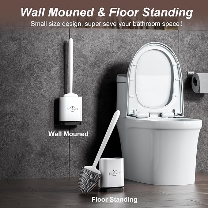 Sellemer Toilet Brush and Holder Set - Flexible Toilet Bowl Brush Head with Silicone Bristles, Compact Size for Storage and Organization, Ventilation Slots Base (1 Pack, White)