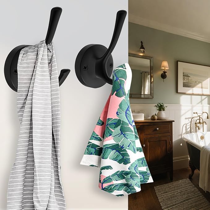 Black Towel Hooks, 2 Pack Coat Robe Hook Heavy Duty Metal Double Bathrobe Hook Wall Mounted, Hand Towels Hooks for Cubicle Bathroom Kitchen Closet Garage