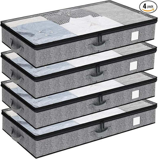 Fixwal 4 Pack Underbed Storage Containers, Below 4.5 Inches Low Profile Under Bed Organizer Clothes Storage Bins with Sturdy Sidewalls and Bottom