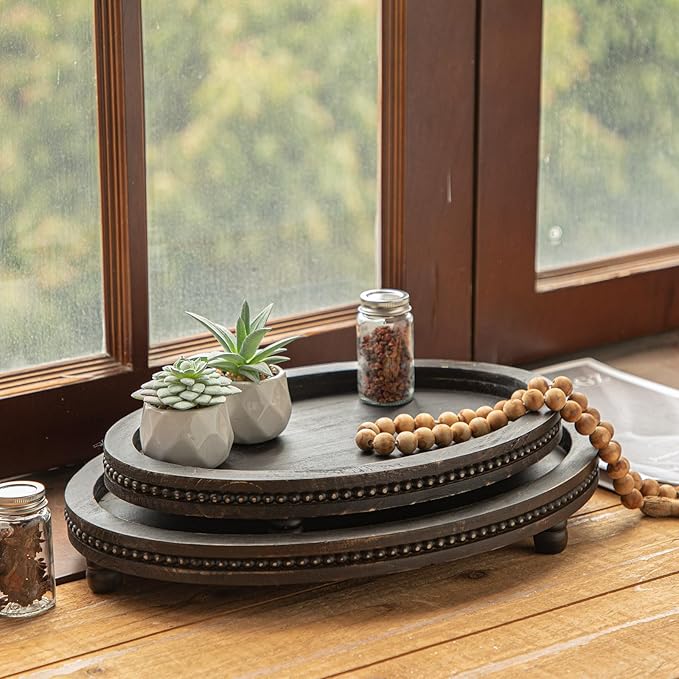 2 Piece Oval Black Wooden Serving Tray Set with Beaded Design, Centerpiece Table Decorations Tray for Living Room Ottoman, Coffee Table Tray for Farmhouse Home Decor