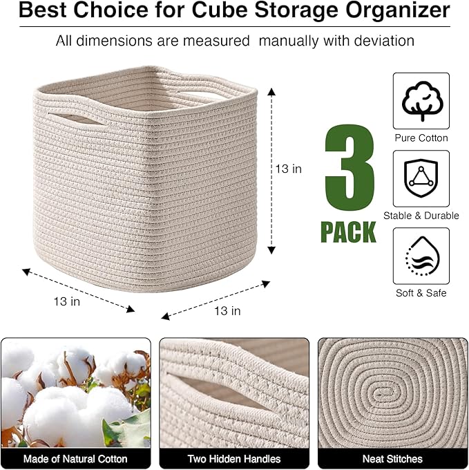 13 Inch Cube Closet Storage Bins, Woven Cotton Rope Organizer Baskets for Organizing & Shelves, Books, Towels, Clothes, Toys, 13x13x13 in, Off White (Pack of 3)