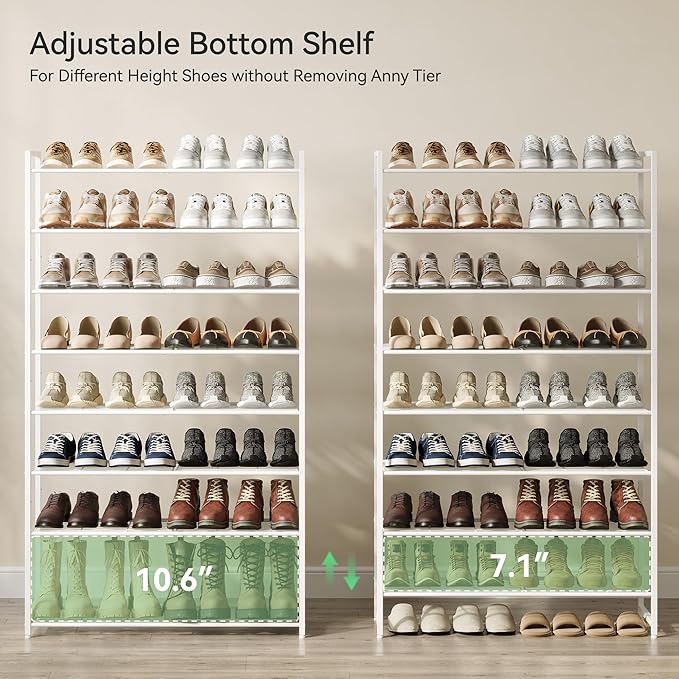 Shoe Rack for Closet, Metal Shoe Organizer, 8 Tier Garage Shoe Rack Max Holds 40 Pairs,Shoe Storage Shelf,Entryway, White