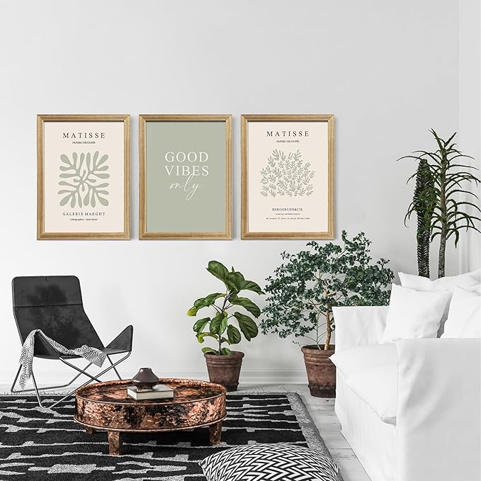 arfitest Matisse Print Frame Wall Art Green Minimalist Abstract Wall Decor Aesthetics Academy Style Print for Living Room Bedroom Bathroom Painting Decoration 12x16 Inch 3 Pieces