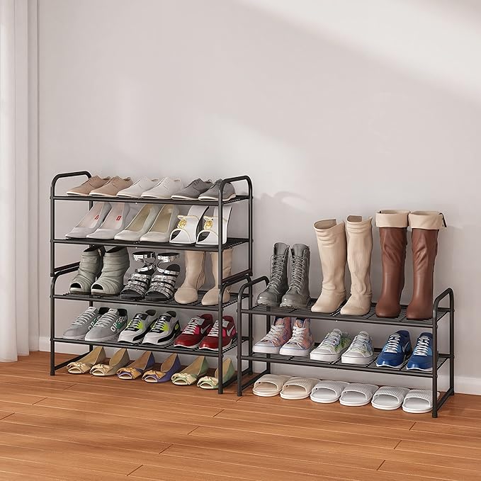 Simple Trending 2-Tier Stackable Shoe Rack, Metal Shoe Shelf Storage Organizer, Black