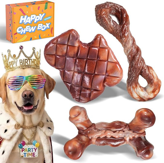Dog Toys for Aggressive Chewers: Gift Box with 3 Pack Dog Chew Toys, Indestructible Dog Toy for Large Dogs Birthday, Chew Toys for Dogs, Bacon Flavor, Tough Dog Toys to Keep Them Busy