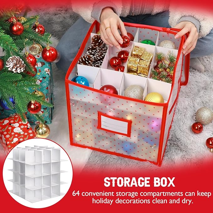BINSUNS Christmas Ornament Storage Box, Christmas Storage Containers Organizer Bag with Dividers - Fits up to 64 Holiday Xmas Ornaments Decorations 3" Seasons Balls(Red)