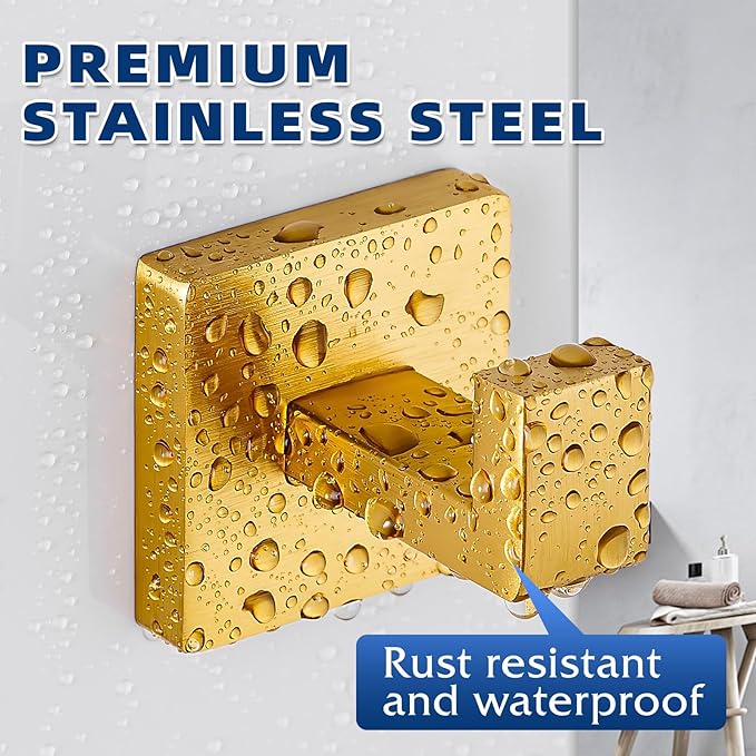 Towel Hooks for Bathrooms, Heavy Duty Wall Mounted Stainless Steel Modern Hook, – Ideal for Hanging Towels, Robes, Coats, in Kitchen, Bedroom, Bathroom, or Hotel (2 Pack, Brushed Gold)