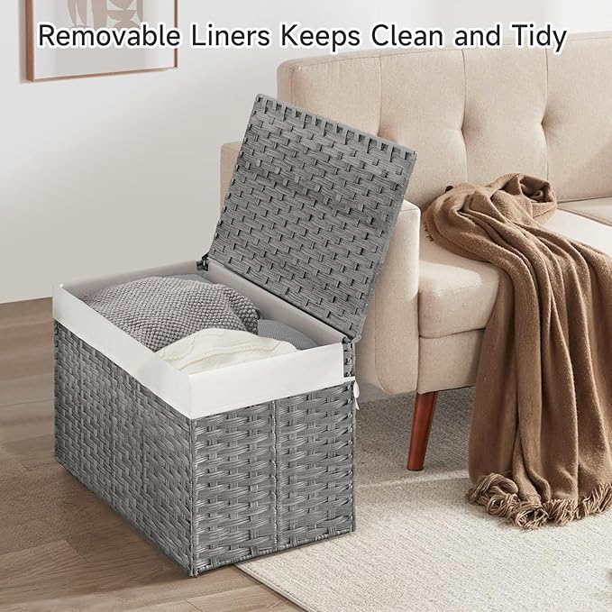 240L Wicker Storage Basket with Lid, Handwoven Rattan Large Shelf Basket with Removable Liner, 63.5 Gallon Wicker Basket for Blanket, Storage Trunk with Handle for Closet, Bedroom, Livingroom, Grey