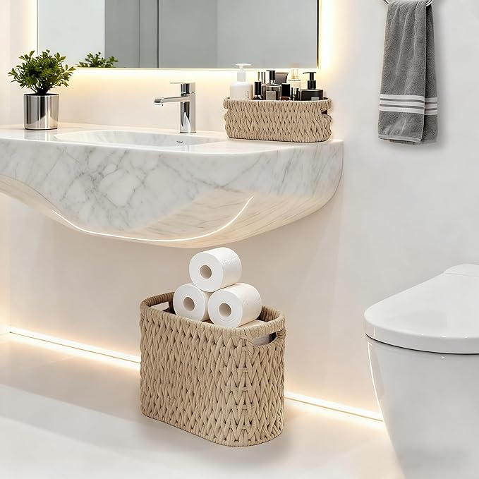 Boho Toilet Paper Storage Baskets, Cotton Rope Woven Bathroom Basket Set of 2, Standing Toilet Paper Holder for 6 Mega Rolls,Storage Bins for Toilet Tank Top, Bathroom Organizer Decor (Brown 2 Pack)