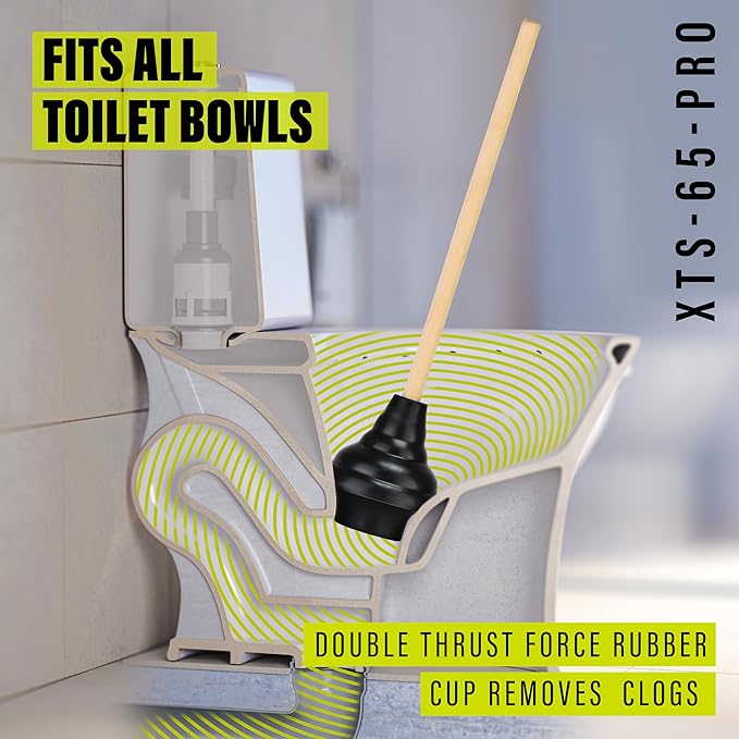 SteadMax XTS-65-PRO Heavy Duty Toilet Plunger, Commercial Grade, Powerful Double Thrust Force Rubber Cup with Wood Handle, for Clogged Bathroom, Shower, and Kitchen, 2 Pack (22" x 5.75")