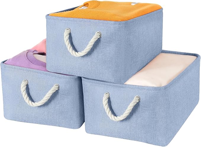 Storage Bins with Sturdy Cotton Handles(3 Pack), Fabric Storage Baskets for Organizing use for Office & Home, Book, Clothes, Toys, Closet Boxes (Large, Blue, 15.7x11.8x7.9 inches)