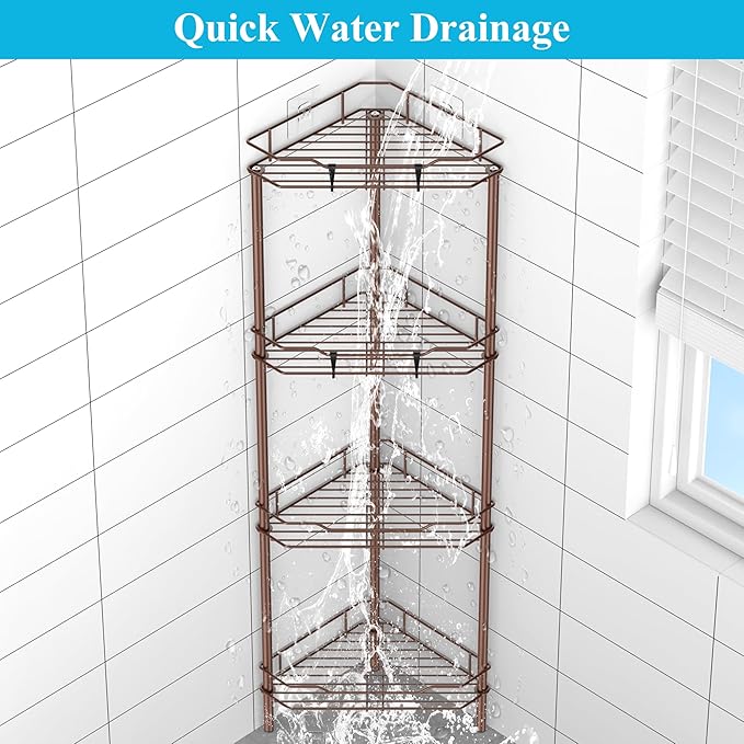 4 Tier Floor Standing Corner Shower Caddy Organizer Shelf with Hooks, Bathroom Shelves Stand Rack, Coffee