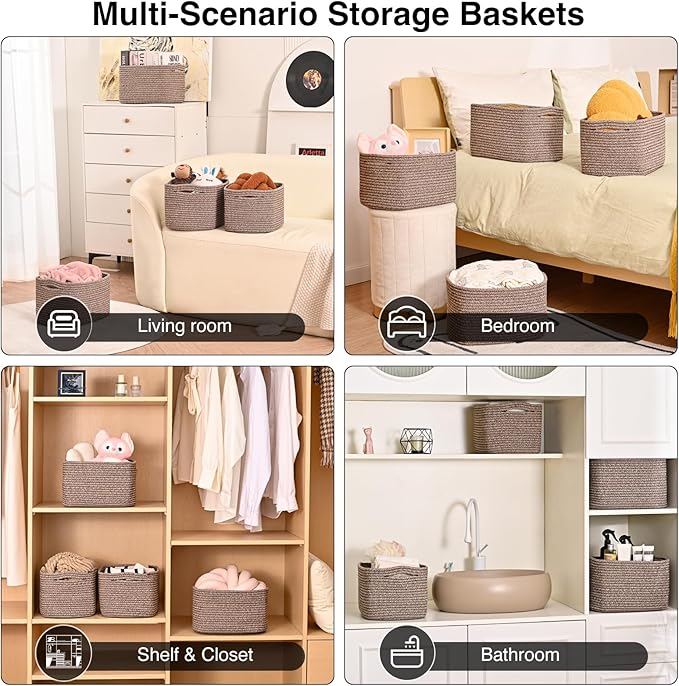 Storage Baskets for Shelves Organizing, Woven Cotton Rope Baskets for Storage, Book Basket, Decorative Shelf Basket, 12.5"Lx9.1''Wx7.9''H (4 Packs) Dark Brown