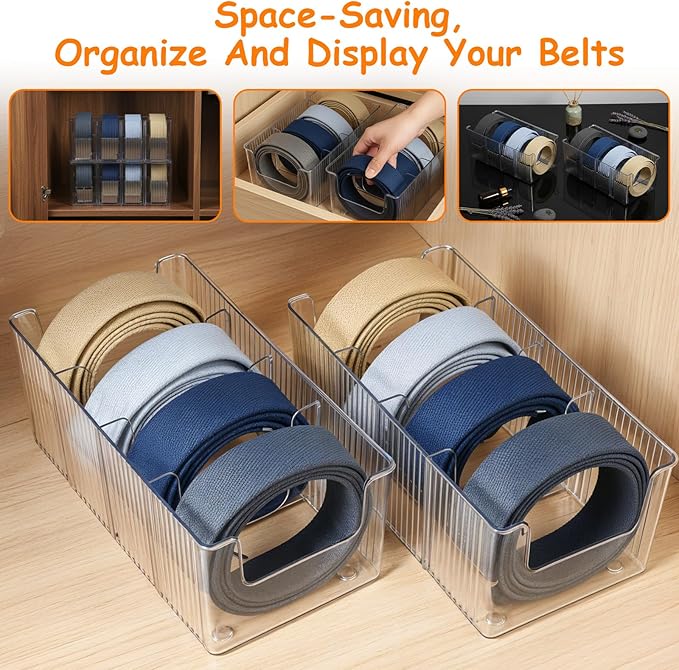 2-Pack Belt Storage Organizer, Acrylic Belt Organizer with 8 Detachable Compartments, Clear Belts Holder for Closet & Drawer, Fits Most Sizes, Space-Saving Design for Ties, Bows & Jewelry