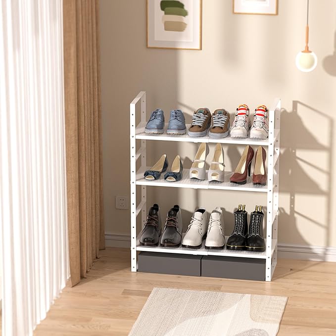 Multi-Functional Metal Shoe Rack,Expandable Adjustable Stackable Kitchen Organizer,Metal Shelf risers for cabinets, Kitchens and Closet, Bathroom(3Packs/White/Medium)