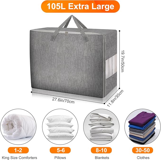 3 Pack 105L Comforter Storage Bags, Extra Large Bedding Storage Bags with Sturdy Zipper and Reinforced Handle, Clear Window, Moving Closet Organizers for Comforters and Blankets, Pillows