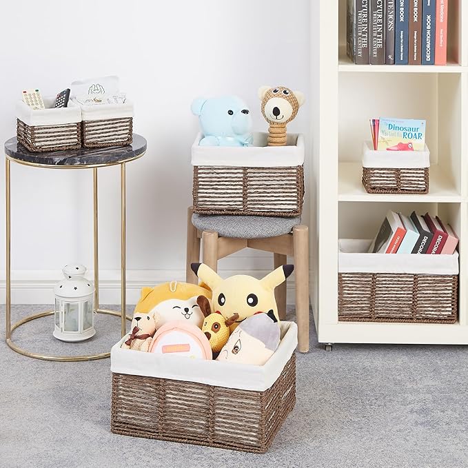 Vagusicc Wicker Storage Basket, 6 Pack Baskets for Organizing, Wicker Baskets with Handle, Rectangular Woven Basket for Storage Shelves, Cube Storage Bins for Closet/Clothes/Dresser, Brown