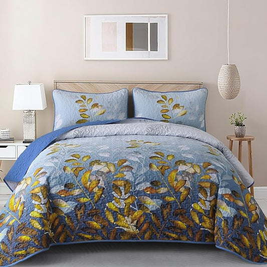WONGS BEDDING 3 Pieces Quilt Set Queen Size, Blue-Gold Floral Bedspread Coverlet Set, Soft Microfiber Lightweight Floral Bedding Set Queen 96"×90"
