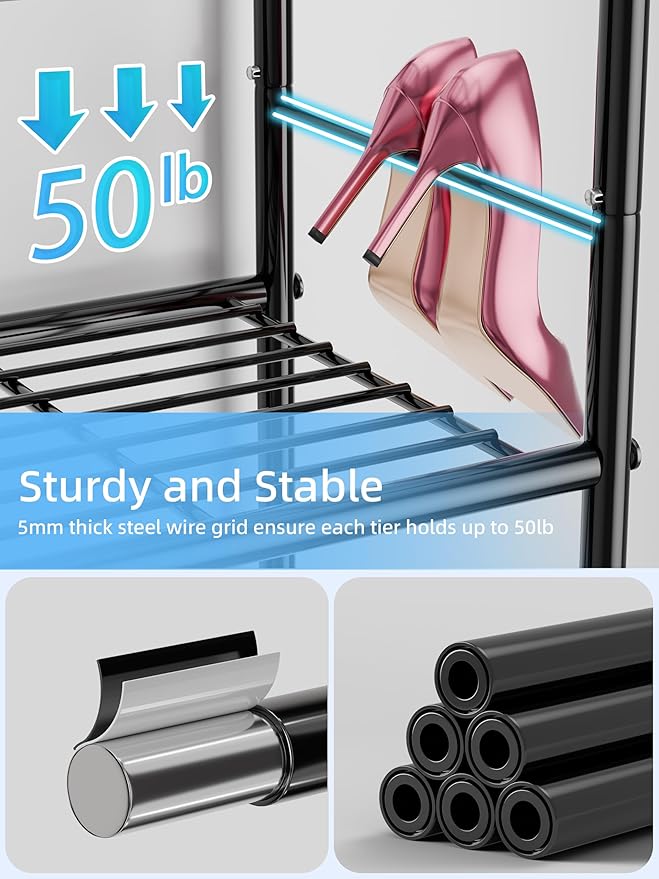 6-Tier Shoe Rack, 27" Wide Shoe Organizer for Closet, 24 Pairs Large Metal Shoe Shelf, Entryway, Bedroom, Black