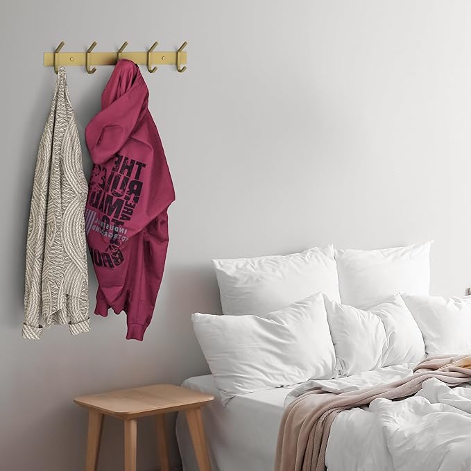 Brushed Gold Wall Mounted Coat Rack – 15 Inch Stainless Steel Rail with 5 Double Coat Hooks for Entryway, Bathroom, Bedroom, Kitchen – Modern Gold Hook Rack for Coats, Hats, Towels