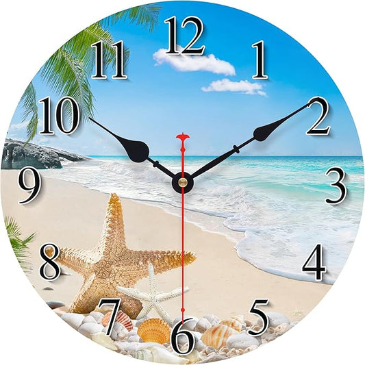 8 Inch Wall Clock Coastal Seashell Starfish Beach Decorative Clocks, Silent Non Ticking Battery Operated Palm Tree Wall Clock for Bedroom/Living Room/Kitchen
