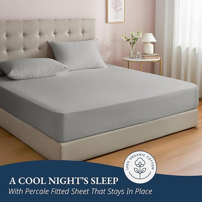 LANE LINEN 100% Organic Cotton Fitted Sheet Queen, Fully Elasticized Soft & Comfy Sustainably Produced Oeko-Tex Certified Snug Fit Deep Pocket 15" Fitted Sheet Only (+Pillowcases) -Silver