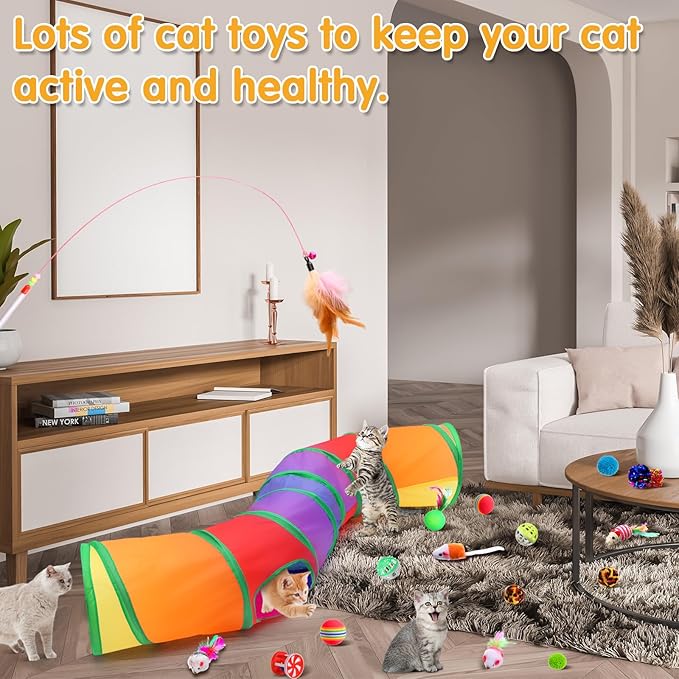 Poen 22pcs Cat Kitten Toys Set with 2 Collapsible Cat Tunnel and 20 Interactive Kitty Feather Toy, Fluffy Mouse, Crinkle Balls, for Kitten Puppy(Multicolor)