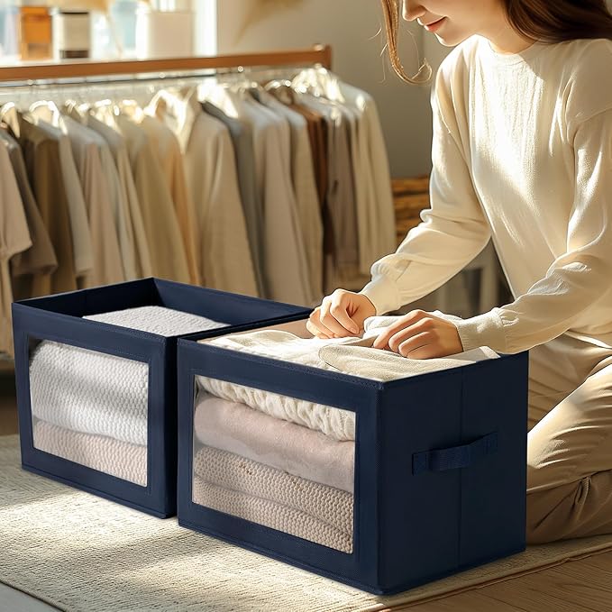 Organizing Bins with Lid - 4 Pack Foldable Clear Window Storage Bins, Large Storage Boxes with Handles, Storage Containers for Clothes, Towel, Blanket, Sheet, Navy Blue