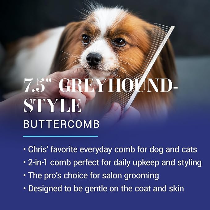 Chris Christensen 000 7.5 in. Greyhound Style Fine/Coarse Colored Butter Comb, Groom Like a Professional, Rounded Corners Prevent Friction and Breakage, Solid Brass with Steel Teeth, Chrome Finish
