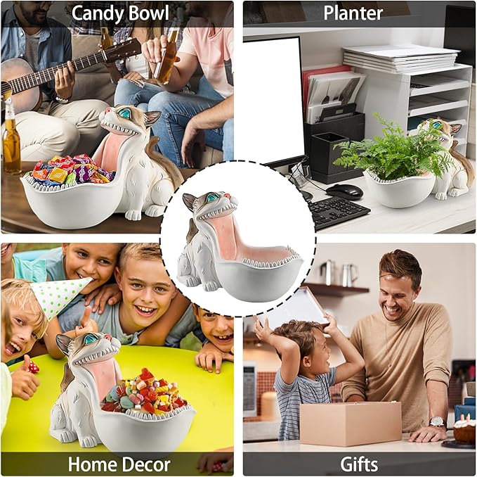 Candy Bowl White Cat Statue Trinket Dish Planter Decorative Bowl Candy Dish for Office Desk Cute Key Bowl for Entryway Table Big Mouth Cat Gifts